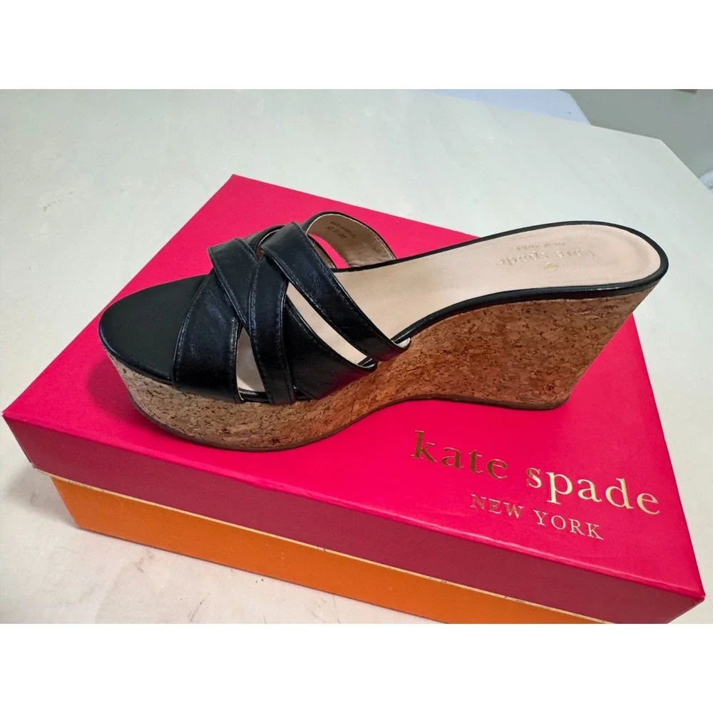 Kate Spade 6.5 Black Wedge Espadrilles Cork Leather Slide Mule Sandal Talcott